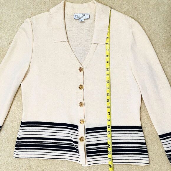 St John Collection Marie Gray Sz 10 Collared Striped Cardigan V-Neck Gold Button - Picture 7 of 13